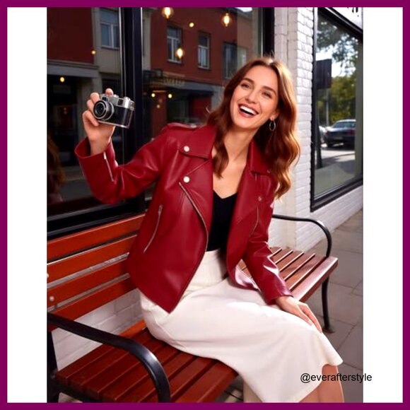 Faux Leather Cropped Moto Jacket Vintage Biker Style Edgy Streetwear - Picture 5 of 7